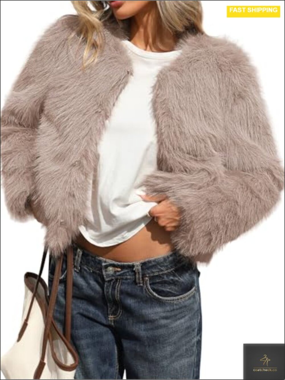 Faux Fur Cropped Coat with Hooks & Pockets, Fluffy Winter Jacket